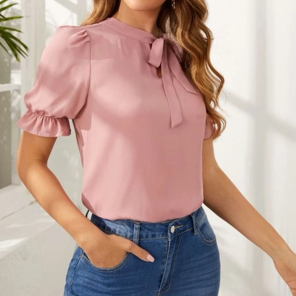 Luxe ruffle trim tie neck blouse dusty pink - Picture 10 of 15